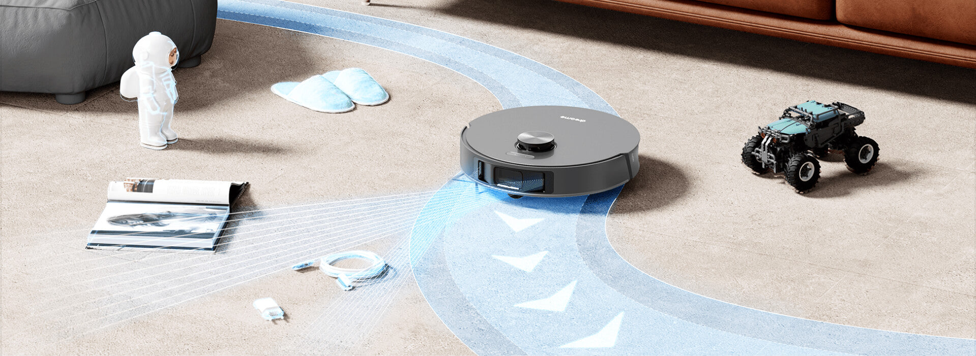 שואב אבק רובוטי מקרצף Dreame L10s Pro רואה את זה. נמנע מזה. L10s Pro מזהה במדויק מכשולים ונמנע מחפצים, כמו שולחנות וכיסאות, ומזהה נפילות
